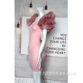 Robe à col en V rose pour femmes avec manches en organza